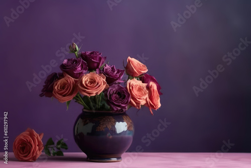 Flowers Roses In Vase On Purple Background Copy Space. Generative AI © Anastasiia
