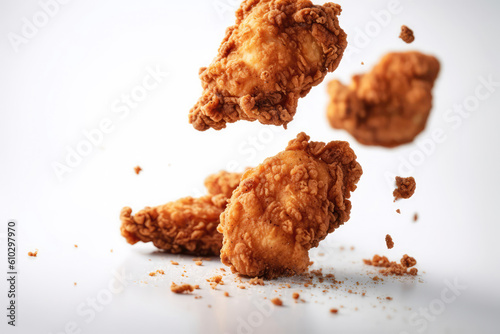 Fried Chicken Flying On White Background, Floating In The Air. Generative AI