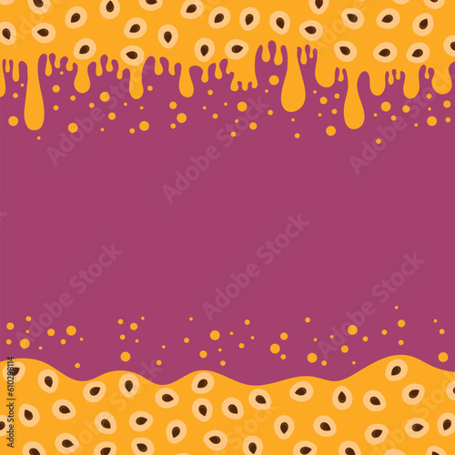Vector Passion Fruit Pattern with Brown Seeds on Orange Background. Tropical Food Texture