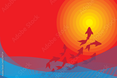 Illustration abstract of red fish with blue line wave and yellow gradient circle background.