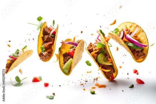 Tacos Flying On White Background, Floating In The Air. Generative AI