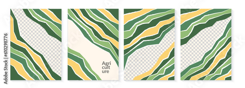Abstract green organic farm vector background. Spring nature pattern poster. Summer agriculture design. Eco rice field template. Modern countryside illustration with texture. Ecology collage backdrop