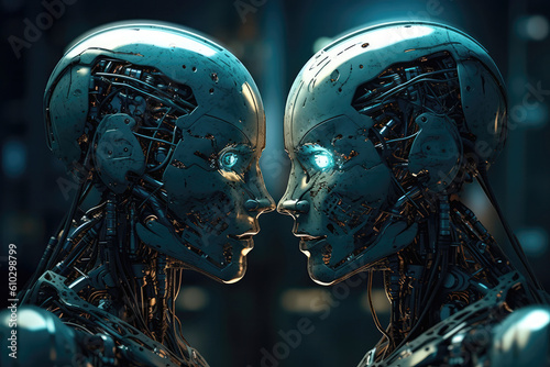 Two Robots In Love. Their Heads Are About To Kiss. Generative AI photo