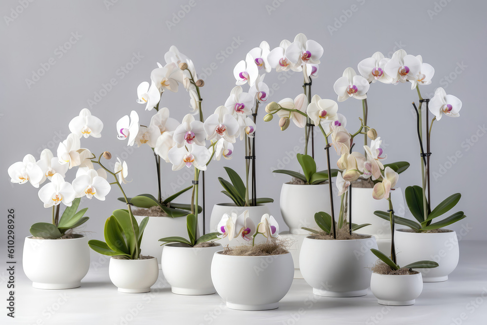 Lots Of White Pots With Blooming Orchids On White Background. Generative AI
