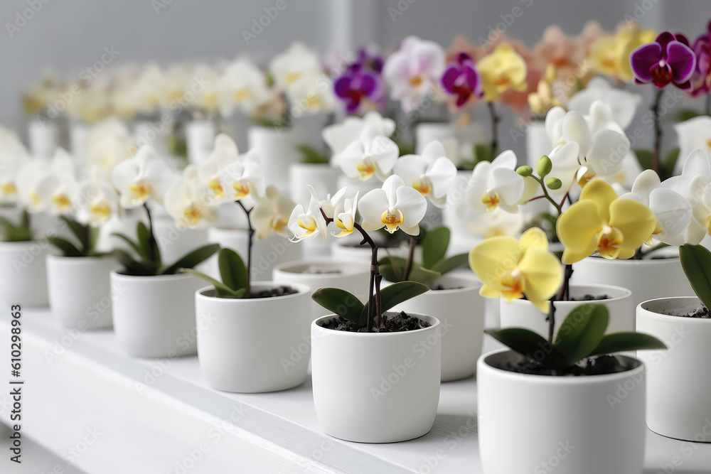 Lots Of White Pots With Blooming Orchids In Different Colors On White Background. Generative AI