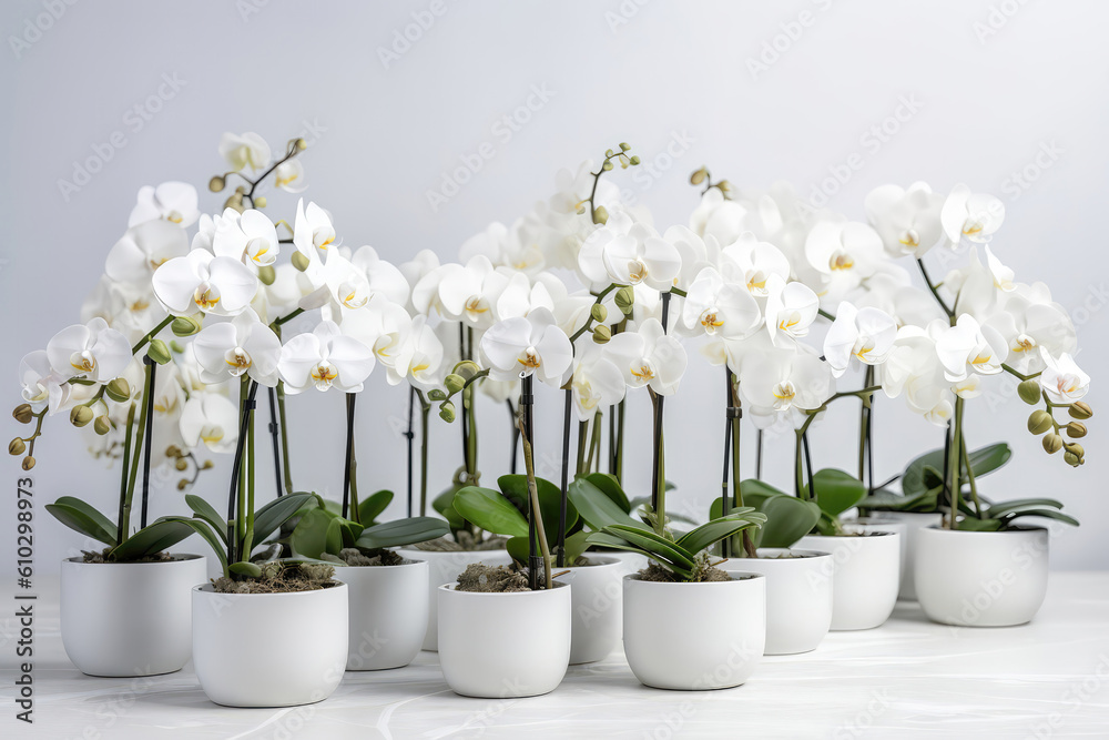 Lots Of White Pots With Blooming Orchids On White Background. Generative AI