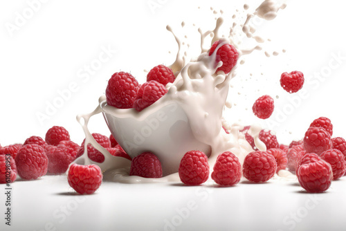Raspberries Falling Into Yogurt On White Background. Generative AI