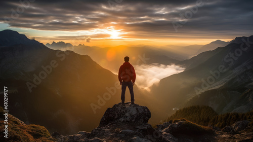 A young person admiring a mountainous landscape at sunrise from the top of the world with a beautiful flare created by the direct sunlight, generative ai © ArgitopIA