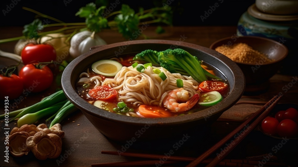 Udon noodles in a rich, steaming broth accompanied by colorful vegetables and soy sauce Udon noodles in a rich, steaming broth accompanied by colorful vegetables and soy sauce