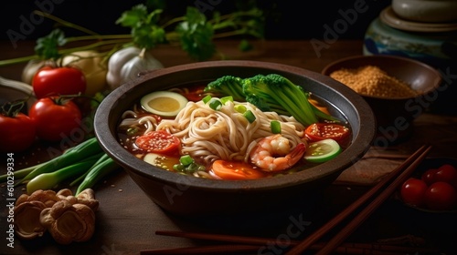 Udon noodles in a rich, steaming broth accompanied by colorful vegetables and soy sauce