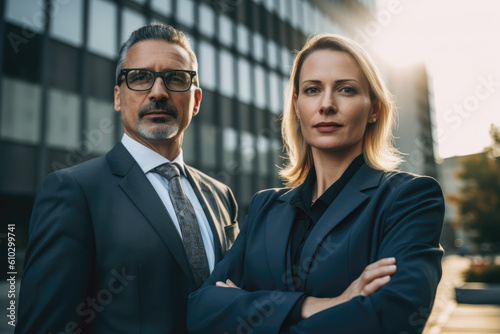 a couple of confident and friendly mid_aged executives elegantly dressed in suits and posing proudly  in front of their company's skyscraper in the center of the big city
