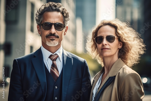 a couple of confident and friendly mid_aged executives elegantly dressed in suits and posing proudly  in front of their company's skyscraper in the center of the big city