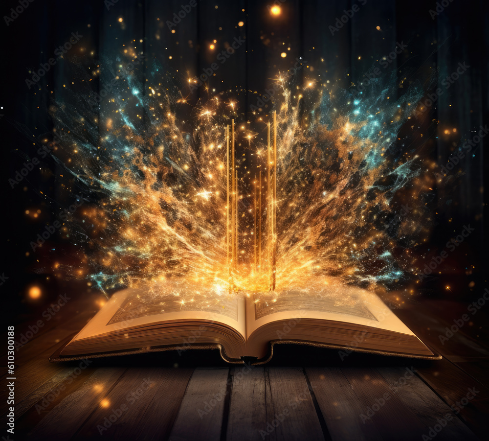 Mystical open book. glittering lights and magic book illustration