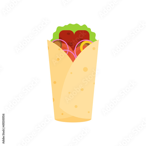shawarma doner burito flat design vector illustration. Delicious Arabic roll with meat, salad, tomato. Kebab with chicken and onion. Cartoon style vector illustration