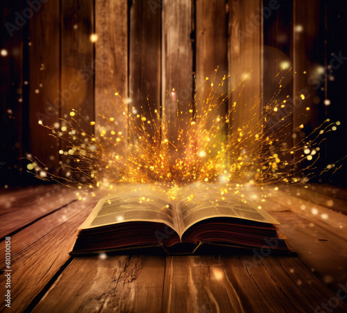 Mystical open book. glittering lights and magic book illustration, book of spells casting magic, magic coming out of book on wooden background. Generative Ai.