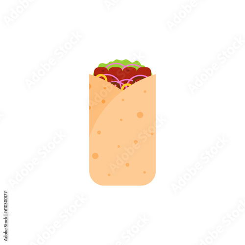 shawarma doner burito flat design vector illustration. Delicious Arabic roll with meat, salad, tomato. Kebab with chicken and onion. Cartoon style vector illustration