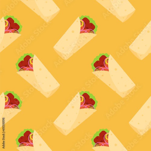 shawarma doner burito flat design vector illustration. Delicious Arabic roll with meat, salad, tomato. Kebab with chicken and onion. Cartoon style vector illustration