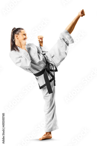 Professional female karate fighter isolated on the white background
