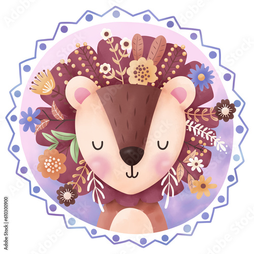 Cute baby lion and flowers illustration