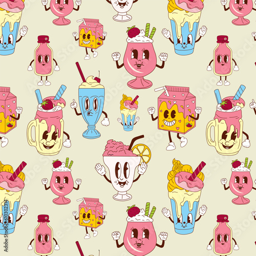 Seamless pattern with Cute happy funny milkshake  30s cartoon mascot character 40s, 50s, 60s old animation style.	