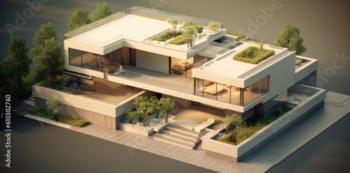 An aerial 3d view of an open air house, contemporary conceptual, luxurious, high definition. Generative AI