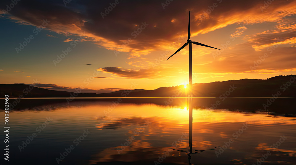 Illustration of a beautiful sunset behind a majestic wind turbine in a picturesque landscape created, background renewable energy, AI 