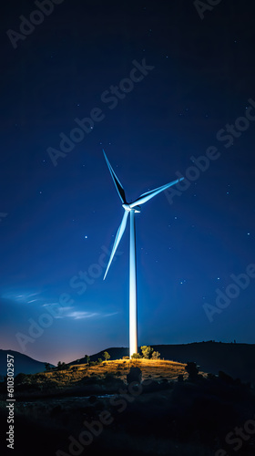 wind turbine standing tall on a hill against a night sky, starry midnight blue, AI © THINGDSGN