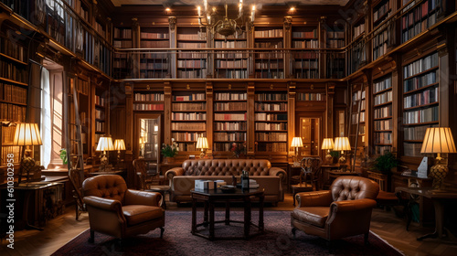 "Classic Library": A classic library interior with rows of bookshelves filled with books, warmly lit to create a cozy and inviting atmosphere.