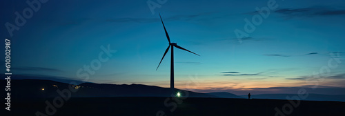 Illustration of a person standing in a field next to a wind turbine in a beautiful landscape, AI