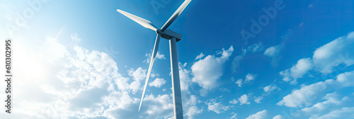 Illustration of a wind turbine standing tall against a clear blue sky in a picturesque landscape created with Generative AI 