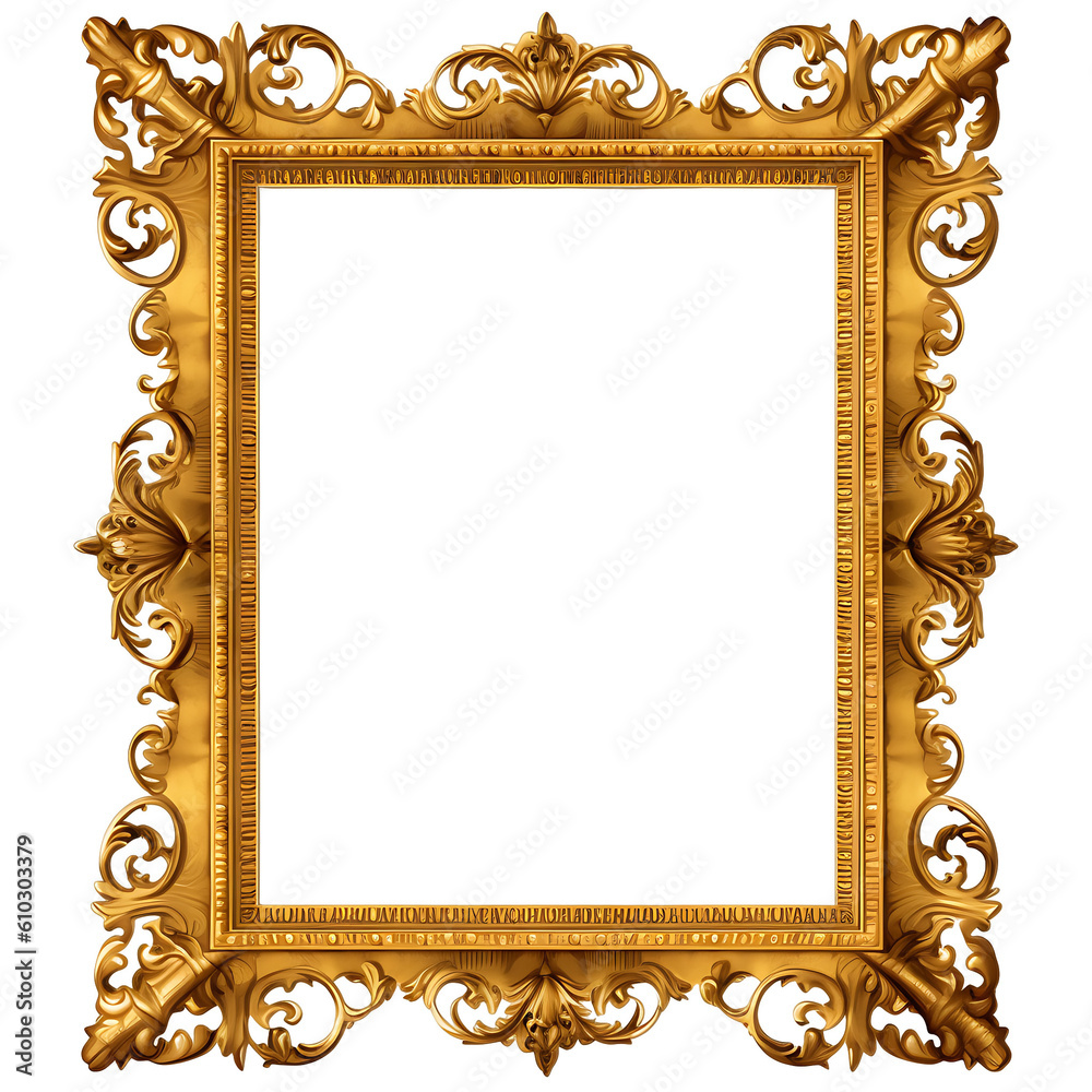 Gold Rectangle Decorative Picture Frame on Transparent Background. Png Cutout. Generative Ai
