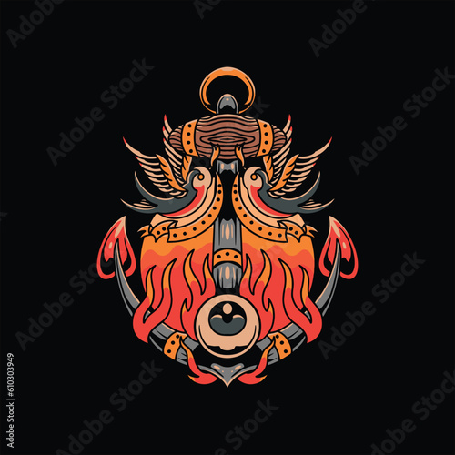 flaming anchor and swallow tattoo vector design