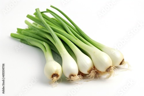 Spring onion with water droplets on white background Generative AI