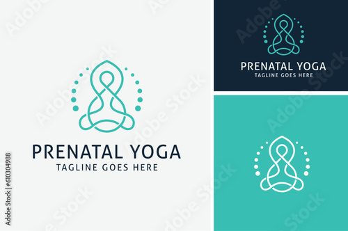 Artistic Pregnant Woman Yoga Pose with simple line art style for Pregnancy Prenatal Maternity Exercise logo design