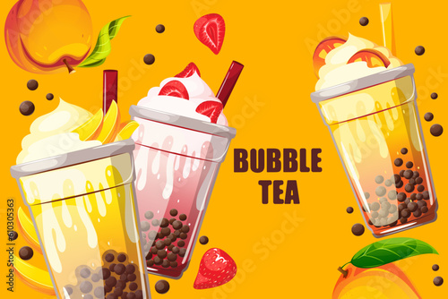 Background with bubble tea.Bubble tea with tapioca and milk foam in plastic cups.Cold drink with mango, strawberry, peach.Web banner.Vector illustration.