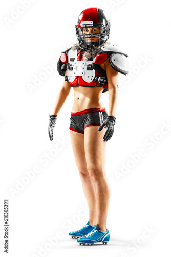 female american football player in uniform and jersey T-shirt posing with helmet isolated on white background © 103tnn
