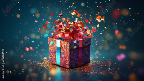 Festive gift fox with vibrant confetti background © tiena