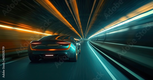 Futuristic car in a tunnel with light trails