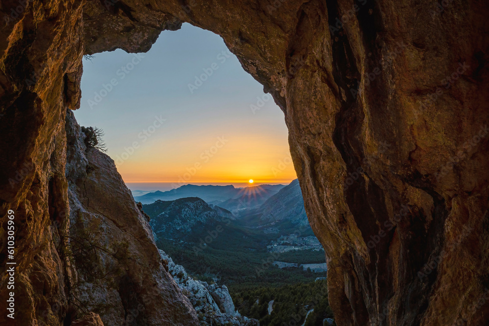 Sunset in the Sierra del Malladar since mil homens cave near the penyo roc and el pas of the contador. In the province of Alicante, Benimantell, Spain.