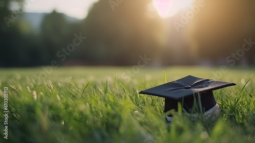 graduation hat lies on green grass. Generative AI