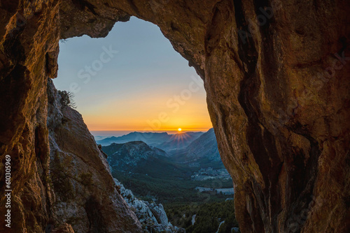 Sunset in the Sierra del Malladar since mil homens cave near the penyo roc and el pas of the contador. In the province of Alicante, Benimantell, Spain.