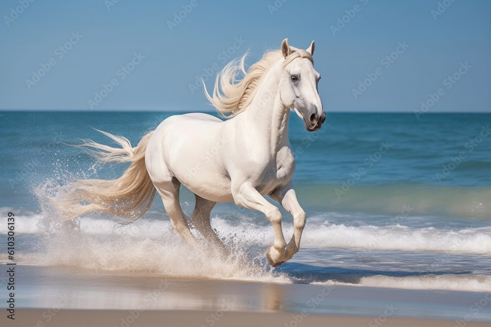 Magnificent white horse galloping freely on the beach. This artwork embodies the essence of grace, power, and untamed spirit. Ai generated Magnificent white horse galloping freely on the beach. This artwork embodies the essence of grace, power, and untamed spirit. Ai generated