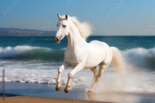 Magnificent white horse galloping freely on the beach. This artwork embodies the essence of grace  power  and untamed spirit. Ai generated