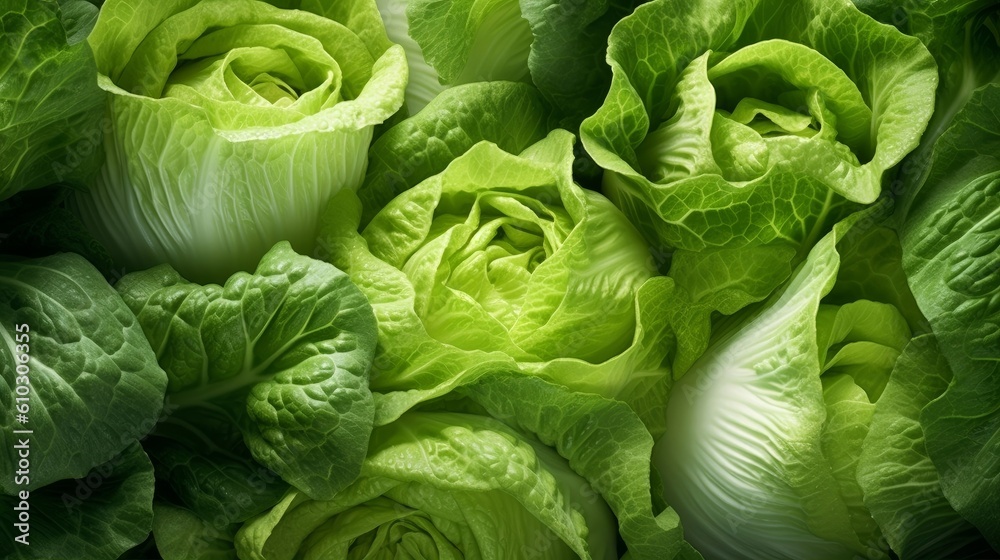 iceberg lettuce leaves layered on top of each other, showcasing different shades of green - obrazy, fototapety, plakaty 