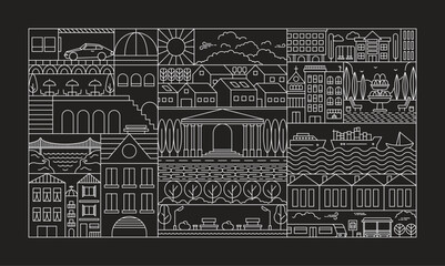Fototapete Grau 2 Geometric city landscape line pattern. Simple outline urban town building park sea recreation zone. Vector illustration  © Yelyzaveta