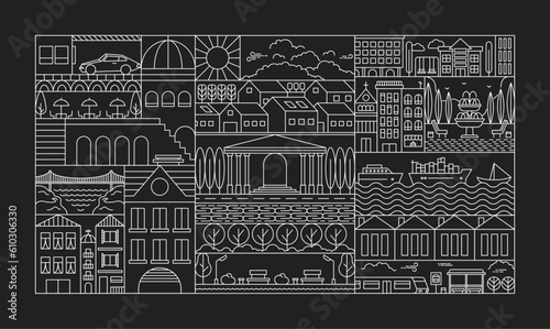 Geometric city landscape line pattern. Simple outline urban town building park sea recreation zone. Vector illustration