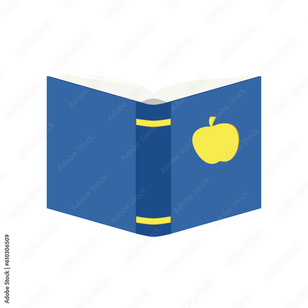 Open book with apple icon in flat style isolated on white background. Education symbol Open book with apple icon in flat style isolated on white background. Education symbol