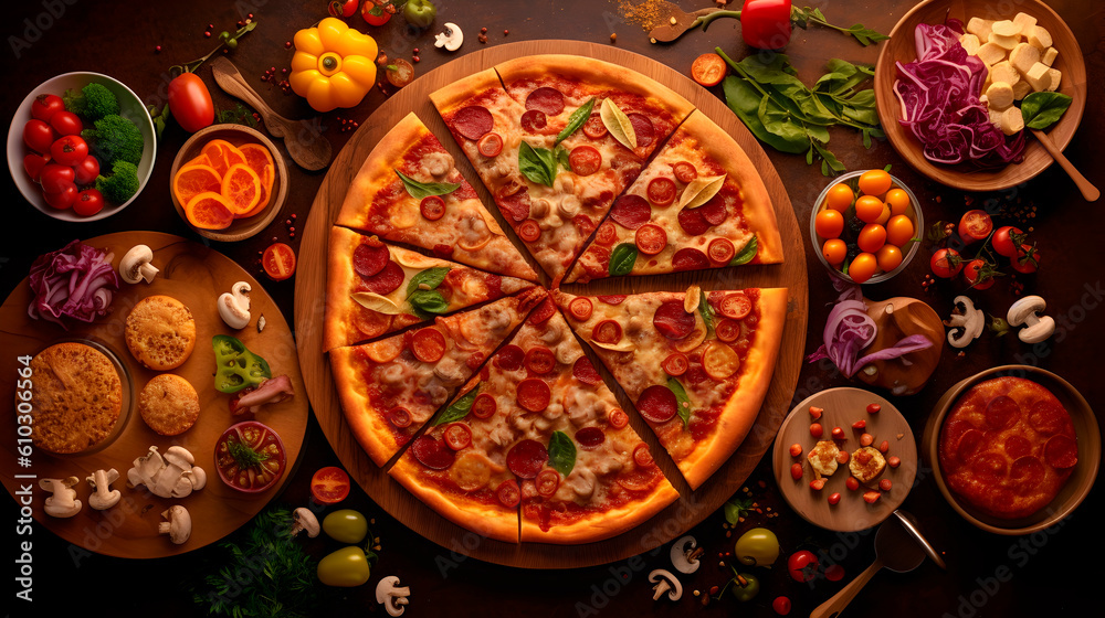 Professional food photography of different kinds slices in one pizza, decorated with seasonings, view from top Professional food photography of different kinds slices in one pizza, decorated with seasonings, view from top