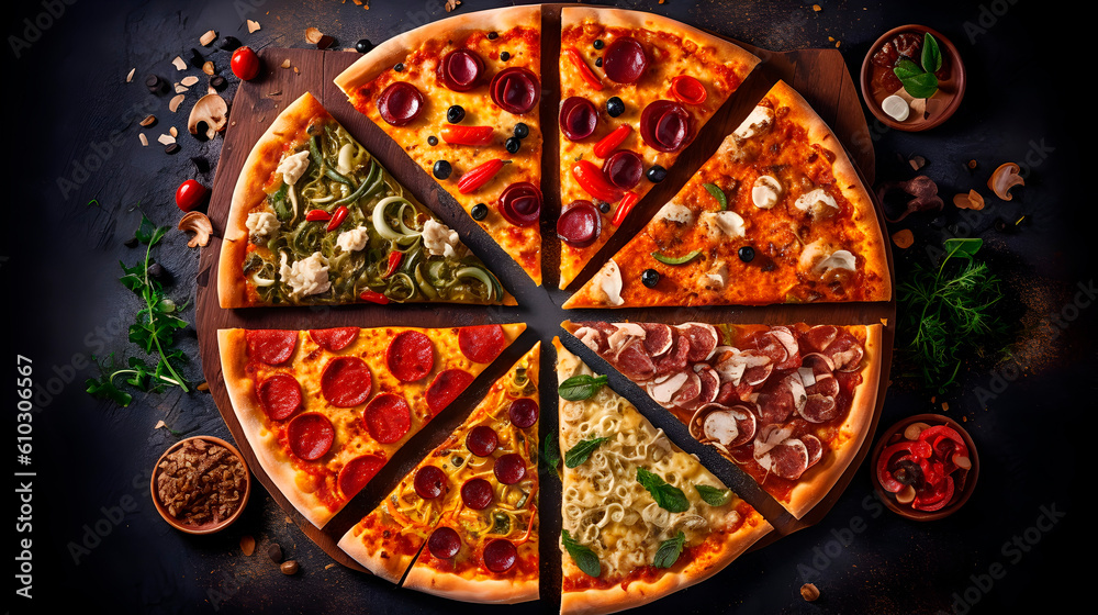 Professional food photography of different kinds slices in one pizza, decorated with seasonings, view from top