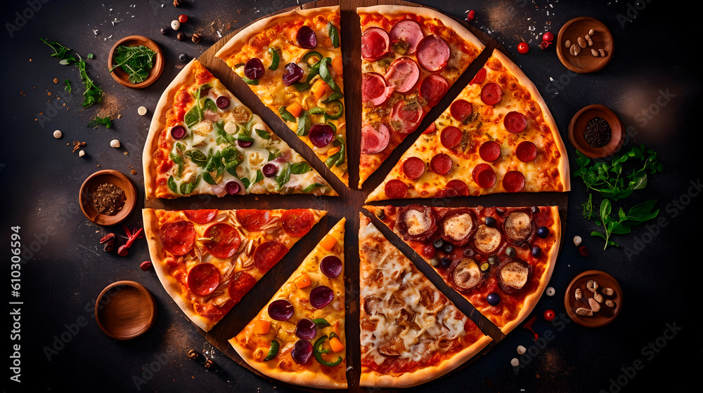 Professional food photography of different kinds slices in one pizza, decorated with seasonings, view from top Professional food photography of different kinds slices in one pizza, decorated with seasonings, view from top